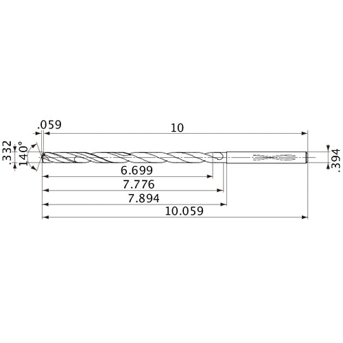 MVS0843X20S100 DP1020 0.332″ Dia. × 0.394″ Shank × 7.776″ Flute Length × 10.059″ OAL, 140°, 2 Flute, Coolant Thru, Solid Carbide Drill
