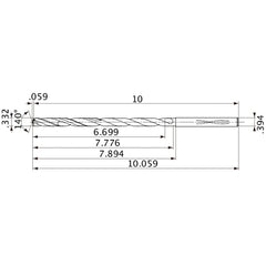 MVS0843X20S100 DP1020 0.332″ Dia. × 0.394″ Shank × 7.776″ Flute Length × 10.059″ OAL, 140°, 2 Flute, Coolant Thru, Solid Carbide Drill