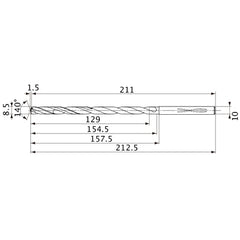 MVS0850X15S100 DP1020 8.5 mm Dia. × 10 mm Shank × 154.5 mm Flute Length × 212.5 mm OAL, 140°, 2 Flute, Coolant Thru, Solid Carbide Drill