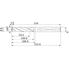 MVS0860X08S090 DP1020 8.6 mm Dia. × 9 mm Shank × 100.6 mm Flute Length × 155.6 mm OAL, 140°, 2 Flute, Coolant Thru, Solid Carbide Drill