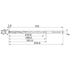 MVS0860X30S090 DP1020 8.6 mm Dia. × 9 mm Shank × 298.6 mm Flute Length × 356.6 mm OAL, 140°, 2 Flute, Coolant Thru, Solid Carbide Drill