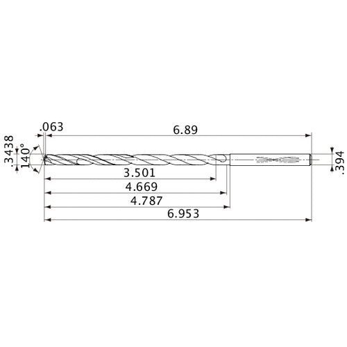 MVS0873X10S100 DP1020 0.3438″ Dia. × 0.394″ Shank × 4.669″ Flute Length × 6.953″ OAL, 140°, 2 Flute, Coolant Thru, Solid Carbide Drill