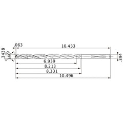MVS0873X20S100 DP1020 0.3438″ Dia. × 0.394″ Shank × 8.213″ Flute Length × 10.496″ OAL, 140°, 2 Flute, Coolant Thru, Solid Carbide Drill