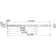 MVS0873X25S100 DP1020 0.3438″ Dia. × 0.394″ Shank × 9.984″ Flute Length × 12.268″ OAL, 140°, 2 Flute, Coolant Thru, Solid Carbide Drill