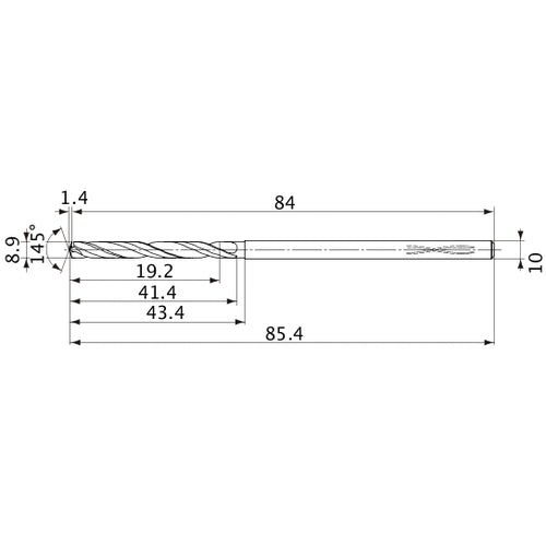 MVS0890X02S100PL DP1020 8.9 mm Dia. × 10 mm Shank × 41.4 mm Flute Length × 85.4 mm OAL, 145°, 2 Flute, Coolant Thru, Solid Carbide Drill