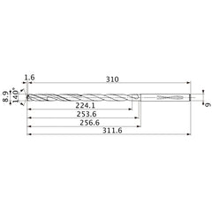 MVS0890X25S090 DP1020 8.9 mm Dia. × 9 mm Shank × 253.6 mm Flute Length × 311.6 mm OAL, 140°, 2 Flute, Coolant Thru, Solid Carbide Drill