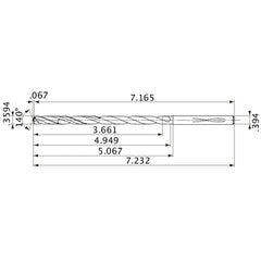 MVS0913X10S100 DP1020 0.3594″ Dia. × 0.394″ Shank × 4.949″ Flute Length × 7.232″ OAL, 140°, 2 Flute, Coolant Thru, Solid Carbide Drill