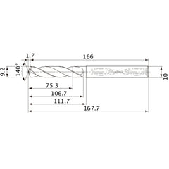 MVS0920X08S100 DP1020 9.2 mm Dia. × 10 mm Shank × 106.7 mm Flute Length × 167.7 mm OAL, 140°, 2 Flute, Coolant Thru, Solid Carbide Drill