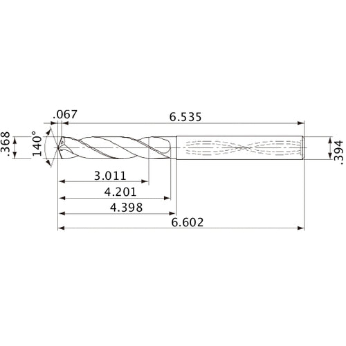 MVS0935X08S100 DP1020 0.368″ Dia. × 0.394″ Shank × 4.201″ Flute Length × 6.602″ OAL, 140°, 2 Flute, Coolant Thru, Solid Carbide Drill