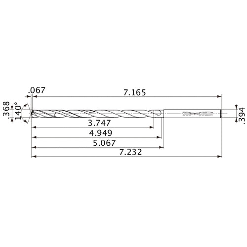 MVS0935X10S100 DP1020 0.368″ Dia. × 0.394″ Shank × 4.949″ Flute Length × 7.232″ OAL, 140°, 2 Flute, Coolant Thru, Solid Carbide Drill