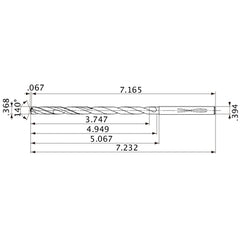 MVS0935X10S100 DP1020 0.368″ Dia. × 0.394″ Shank × 4.949″ Flute Length × 7.232″ OAL, 140°, 2 Flute, Coolant Thru, Solid Carbide Drill