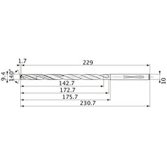 MVS0940X15S100 DP1020 9.4 mm Dia. × 10 mm Shank × 172.7 mm Flute Length × 230.7 mm OAL, 140°, 2 Flute, Coolant Thru, Solid Carbide Drill