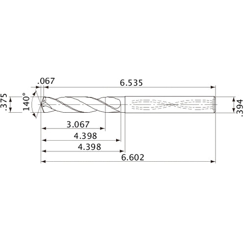 MVS0953X08S100 DP1020 3/8″ Dia. × 0.394″ Shank × 4.398″ Flute Length × 6.602″ OAL, 140°, 2 Flute, Coolant Thru, Solid Carbide Drill
