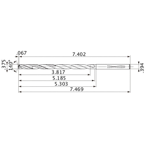 MVS0953X10S100 DP1020 3/8″ Dia. × 0.394″ Shank × 5.185″ Flute Length × 7.469″ OAL, 140°, 2 Flute, Coolant Thru, Solid Carbide Drill