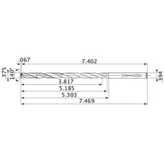 MVS0953X10S100 DP1020 3/8″ Dia. × 0.394″ Shank × 5.185″ Flute Length × 7.469″ OAL, 140°, 2 Flute, Coolant Thru, Solid Carbide Drill