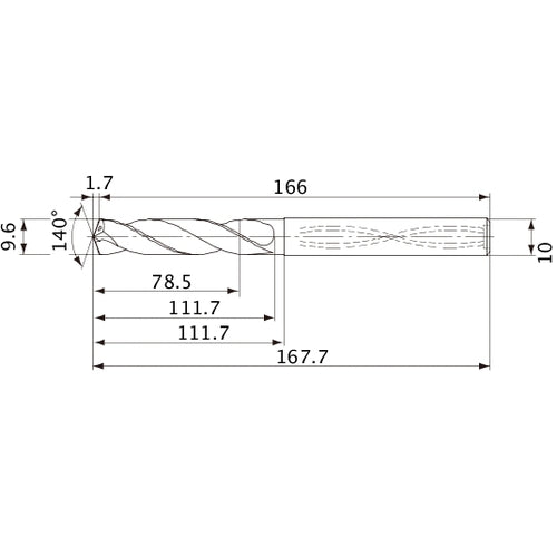 MVS0960X08S100 DP1020 9.6 mm Dia. × 10 mm Shank × 111.7 mm Flute Length × 167.7 mm OAL, 140°, 2 Flute, Coolant Thru, Solid Carbide Drill