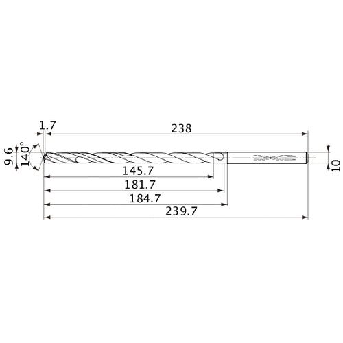 MVS0960X15S100 DP1020 9.6 mm Dia. × 10 mm Shank × 181.7 mm Flute Length × 239.7 mm OAL, 140°, 2 Flute, Coolant Thru, Solid Carbide Drill