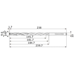 MVS0960X15S100 DP1020 9.6 mm Dia. × 10 mm Shank × 181.7 mm Flute Length × 239.7 mm OAL, 140°, 2 Flute, Coolant Thru, Solid Carbide Drill