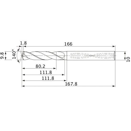 MVS0980X08S100 DP1020 9.8 mm Dia. × 10 mm Shank × 111.8 mm Flute Length × 167.8 mm OAL, 140°, 2 Flute, Coolant Thru, Solid Carbide Drill