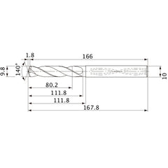 MVS0980X08S100 DP1020 9.8 mm Dia. × 10 mm Shank × 111.8 mm Flute Length × 167.8 mm OAL, 140°, 2 Flute, Coolant Thru, Solid Carbide Drill