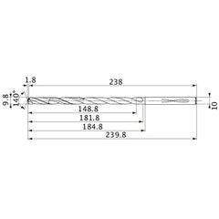 MVS0980X15S100 DP1020 9.8 mm Dia. × 10 mm Shank × 181.8 mm Flute Length × 239.8 mm OAL, 140°, 2 Flute, Coolant Thru, Solid Carbide Drill