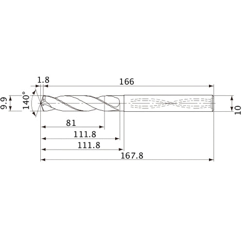 MVS0990X08S100 DP1020 9.9 mm Dia. × 10 mm Shank × 111.8 mm Flute Length × 167.8 mm OAL, 140°, 2 Flute, Coolant Thru, Solid Carbide Drill