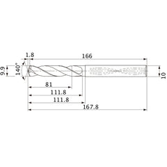 MVS0990X08S100 DP1020 9.9 mm Dia. × 10 mm Shank × 111.8 mm Flute Length × 167.8 mm OAL, 140°, 2 Flute, Coolant Thru, Solid Carbide Drill