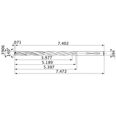 MVS0992X10S100 DP1020 0.3906″ Dia. × 0.394″ Shank × 5.189″ Flute Length × 7.472″ OAL, 140°, 2 Flute, Coolant Thru, Solid Carbide Drill