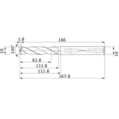 MVS1000X08S100 DP1020 10 mm Dia. × 10 mm Shank × 111.8 mm Flute Length × 167.8 mm OAL, 140°, 2 Flute, Coolant Thru, Solid Carbide Drill