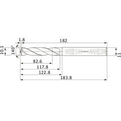 MVS1010X08S110 DP1020 10.1 mm Dia. × 11 mm Shank × 117.8 mm Flute Length × 183.8 mm OAL, 140°, 2 Flute, Coolant Thru, Solid Carbide Drill