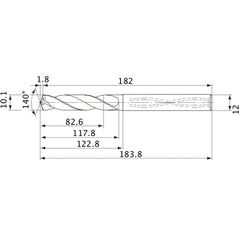 MVS1010X08S120 DP1020 10.1 mm Dia. × 12 mm Shank × 117.8 mm Flute Length × 183.8 mm OAL, 140°, 2 Flute, Coolant Thru, Solid Carbide Drill