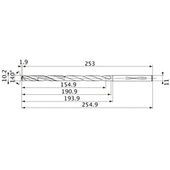 MVS1020X15S110 DP1020 10.2 mm Dia. × 11 mm Shank × 190.9 mm Flute Length × 254.9 mm OAL, 140°, 2 Flute, Coolant Thru, Solid Carbide Drill