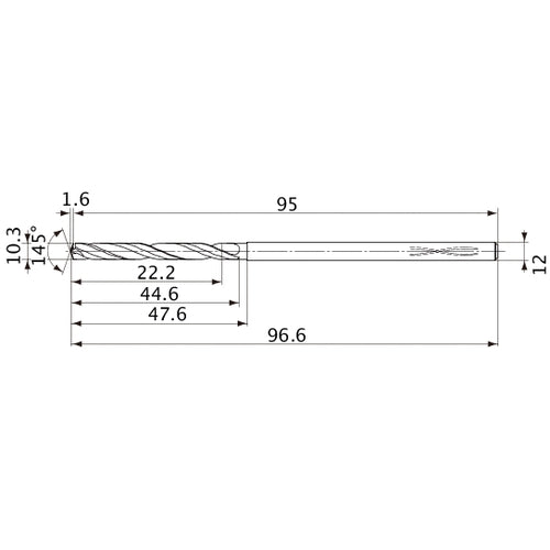 MVS1030X02S120PL DP1020 10.3 mm Dia. × 12 mm Shank × 44.6 mm Flute Length × 96.6 mm OAL, 145°, 2 Flute, Coolant Thru, Solid Carbide Drill