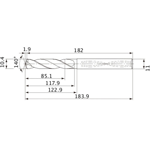 MVS1040X08S110 DP1020 10.4 mm Dia. × 11 mm Shank × 117.9 mm Flute Length × 183.9 mm OAL, 140°, 2 Flute, Coolant Thru, Solid Carbide Drill
