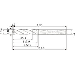 MVS1040X08S110 DP1020 10.4 mm Dia. × 11 mm Shank × 117.9 mm Flute Length × 183.9 mm OAL, 140°, 2 Flute, Coolant Thru, Solid Carbide Drill