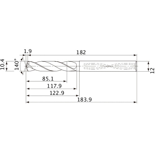MVS1040X08S120 DP1020 10.4 mm Dia. × 12 mm Shank × 117.9 mm Flute Length × 183.9 mm OAL, 140°, 2 Flute, Coolant Thru, Solid Carbide Drill