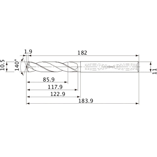 MVS1050X08S110 DP1020 10.5 mm Dia. × 11 mm Shank × 117.9 mm Flute Length × 183.9 mm OAL, 140°, 2 Flute, Coolant Thru, Solid Carbide Drill
