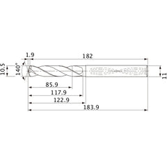 MVS1050X08S110 DP1020 10.5 mm Dia. × 11 mm Shank × 117.9 mm Flute Length × 183.9 mm OAL, 140°, 2 Flute, Coolant Thru, Solid Carbide Drill