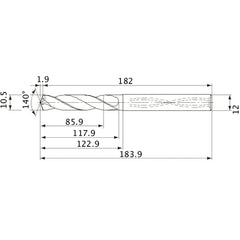 MVS1050X08S120 DP1020 10.5 mm Dia. × 12 mm Shank × 117.9 mm Flute Length × 183.9 mm OAL, 140°, 2 Flute, Coolant Thru, Solid Carbide Drill