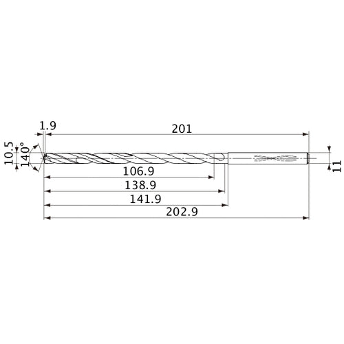 MVS1050X10S110 DP1020 10.5 mm Dia. × 11 mm Shank × 138.9 mm Flute Length × 202.9 mm OAL, 140°, 2 Flute, Coolant Thru, Solid Carbide Drill