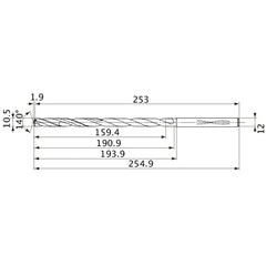 MVS1050X15S120 DP1020 10.5 mm Dia. × 12 mm Shank × 190.9 mm Flute Length × 254.9 mm OAL, 140°, 2 Flute, Coolant Thru, Solid Carbide Drill