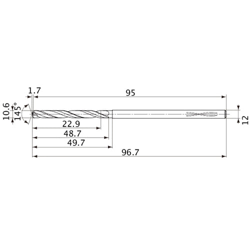 MVS1060X02S120PL DP1020 10.6 mm Dia. × 12 mm Shank × 48.7 mm Flute Length × 96.7 mm OAL, 145°, 2 Flute, Coolant Thru, Solid Carbide Drill