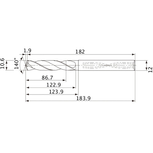 MVS1060X08S120 DP1020 10.6 mm Dia. × 12 mm Shank × 122.9 mm Flute Length × 183.9 mm OAL, 140°, 2 Flute, Coolant Thru, Solid Carbide Drill