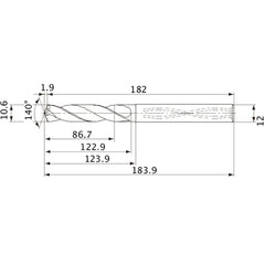 MVS1060X08S120 DP1020 10.6 mm Dia. × 12 mm Shank × 122.9 mm Flute Length × 183.9 mm OAL, 140°, 2 Flute, Coolant Thru, Solid Carbide Drill