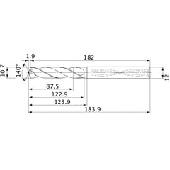 MVS1070X08S120 DP1020 10.7 mm Dia. × 12 mm Shank × 122.9 mm Flute Length × 183.9 mm OAL, 140°, 2 Flute, Coolant Thru, Solid Carbide Drill