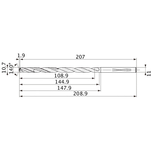 MVS1070X10S110 DP1020 10.7 mm Dia. × 11 mm Shank × 144.9 mm Flute Length × 208.9 mm OAL, 140°, 2 Flute, Coolant Thru, Solid Carbide Drill
