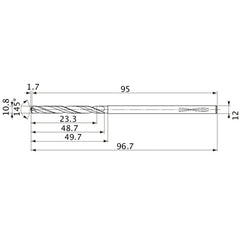 MVS1080X02S120PL DP1020 10.8 mm Dia. × 12 mm Shank × 48.7 mm Flute Length × 96.7 mm OAL, 145°, 2 Flute, Coolant Thru, Solid Carbide Drill