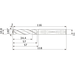 MVS1080X03S110 DP1020 10.8 mm Dia. × 11 mm Shank × 57 mm Flute Length × 118 mm OAL, 140°, 2 Flute, Coolant Thru, Solid Carbide Drill