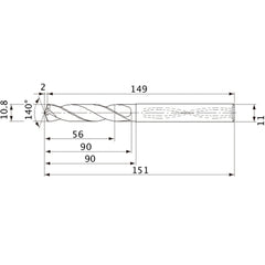 MVS1080X05S110 DP1020 10.8 mm Dia. × 11 mm Shank × 90 mm Flute Length × 151 mm OAL, 140°, 2 Flute, Coolant Thru, Solid Carbide Drill