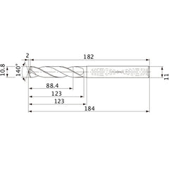 MVS1080X08S110 DP1020 10.8 mm Dia. × 11 mm Shank × 123 mm Flute Length × 184 mm OAL, 140°, 2 Flute, Coolant Thru, Solid Carbide Drill